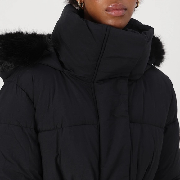 GAP Primaloft Puffer Midi Coat Black Fur Trim Hooded Winter Jacket M - Picture 2 of 13